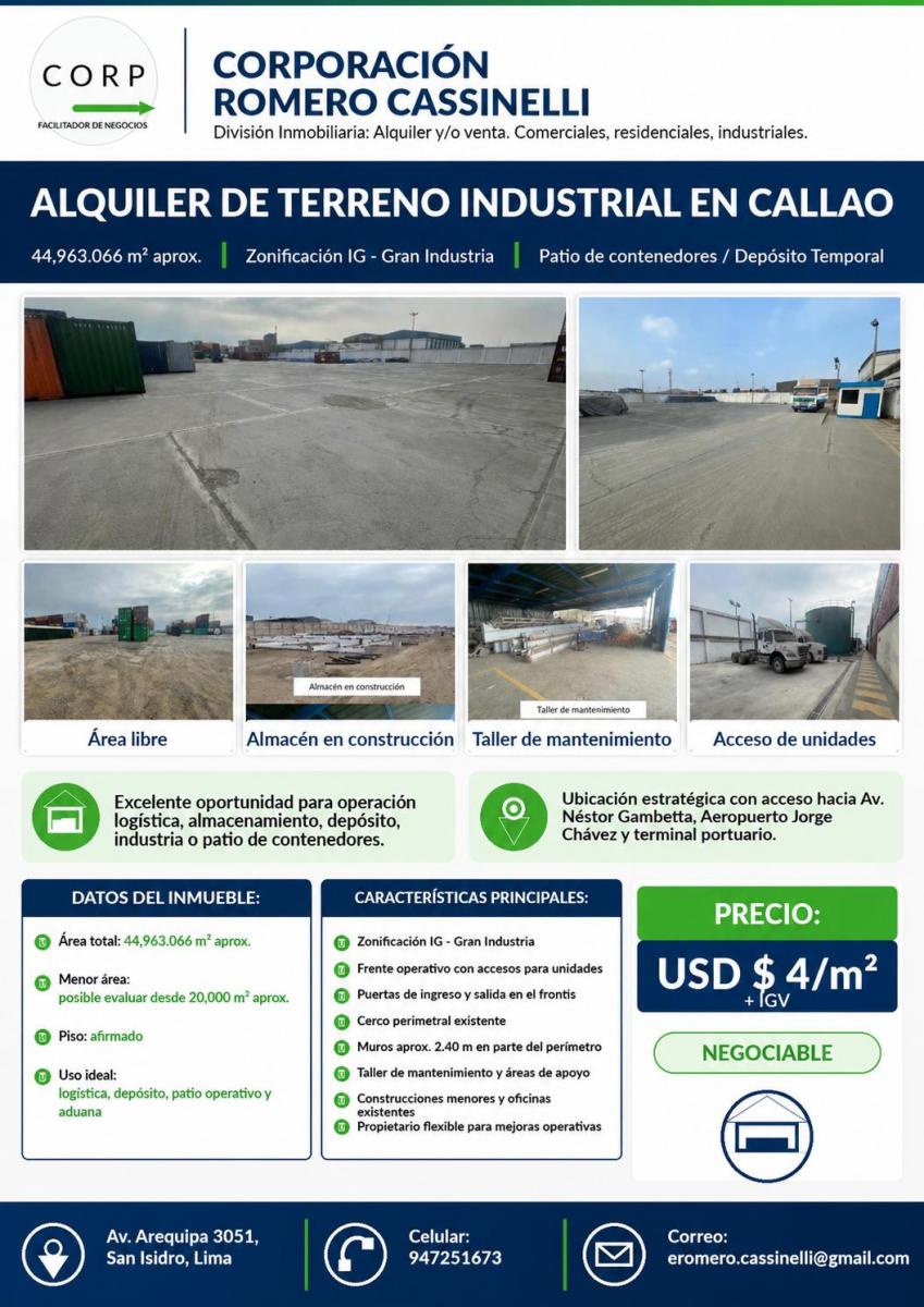Muy Cercano Al Aeropuerto y Puerto Industrial/logístico en Alquiler 44, 963 m² en Callao